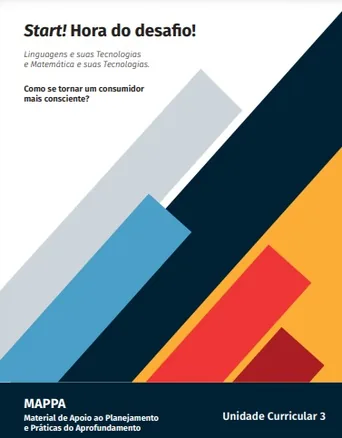 Capa do material branca com listras diagonais em tons de azul, cinza, vermelhos e amarelo e título.