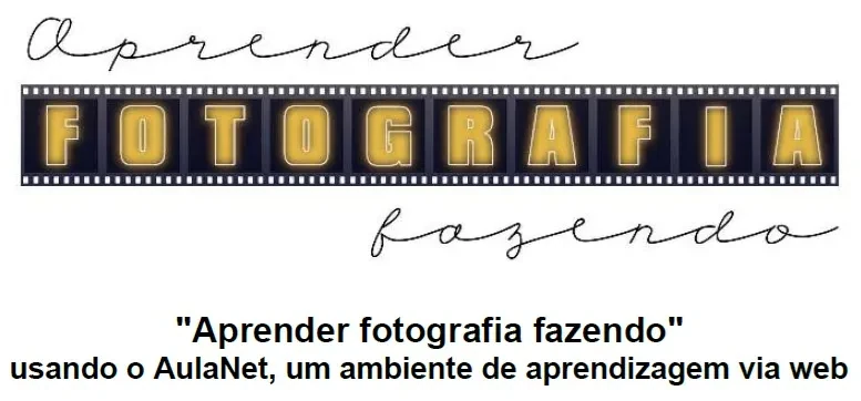 Logotipo do curso Aprender Fotografia Fazendo. Abaixo o título e subtítulo do curso.