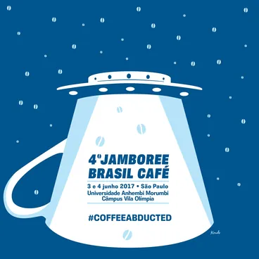 Ilustração com fundo azul e pontos brancos, porta-filtro de café como se fosse uma nave espacial.