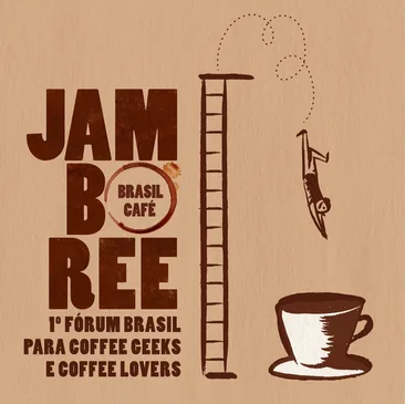 Ilustração com fundo bege: escada com um trampolim, um personagem saltando em uma xícara de café.