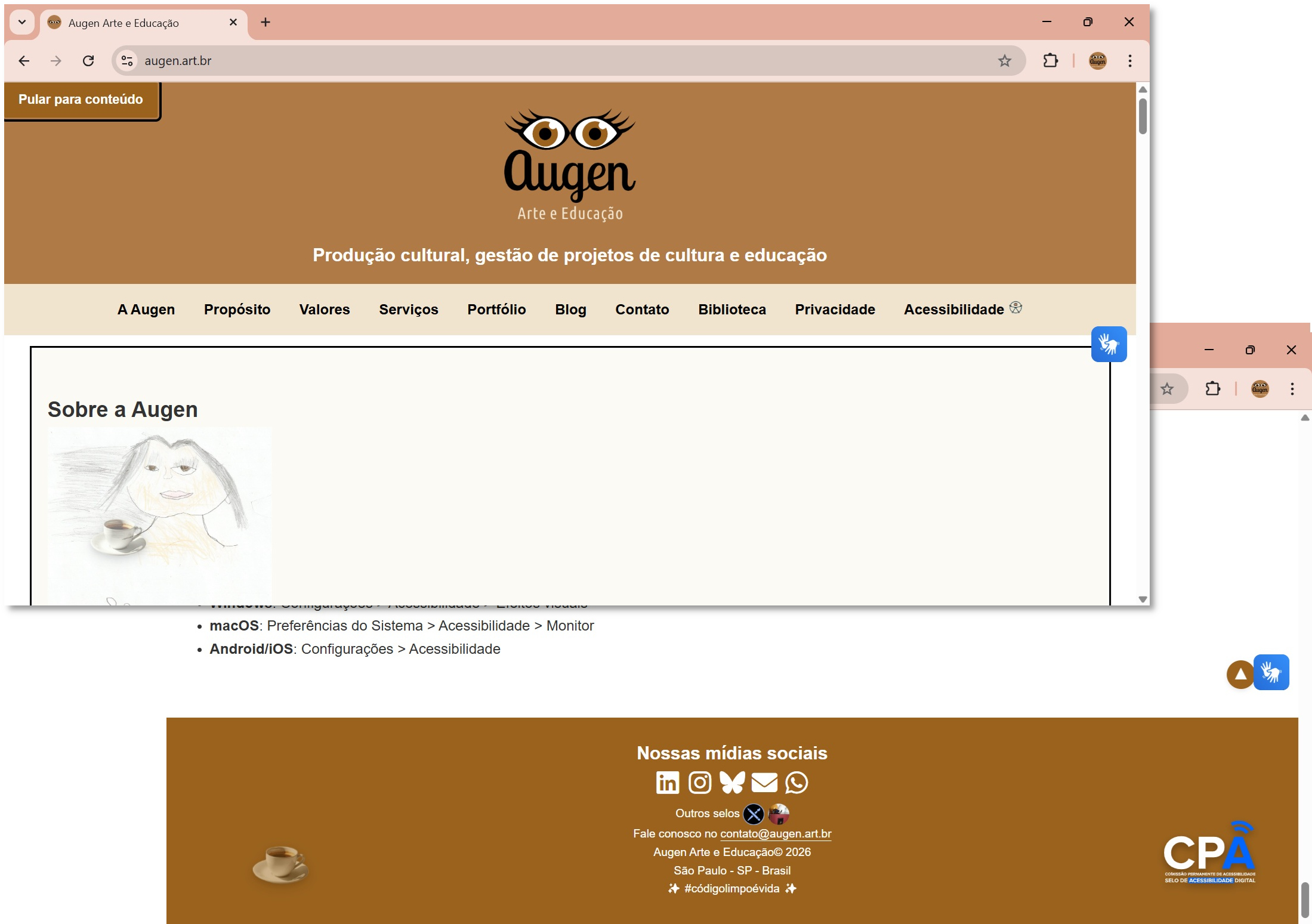 Composição site Augen: cabeçalho à esquerda e rodapé com Selo de Acessibilidade Digital à direita.