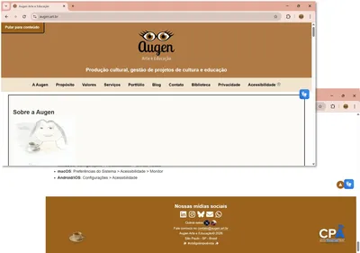 Composição site Augen: cabeçalho à esquerda e rodapé com Selo de Acessibilidade Digital à direita.